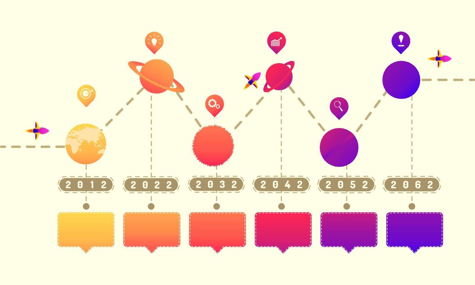 galaxie orbit rakete vway roadmap zeitachsenelemente mit markpoint-diagramm denken suchzahnrad zielsymbole. Vektorillustration eps10 vektor