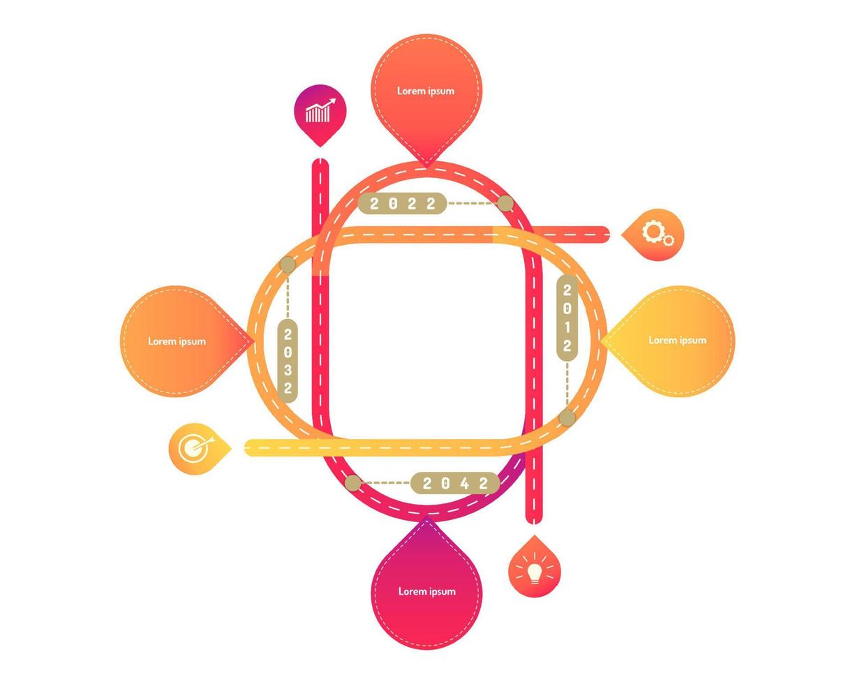 Ringseiten-Autobahn-Roadmap-Timeline-Elemente mit Markpoint-Diagramm denken Suchzahnrad-Zielsymbole. Vektorillustration eps10 vektor