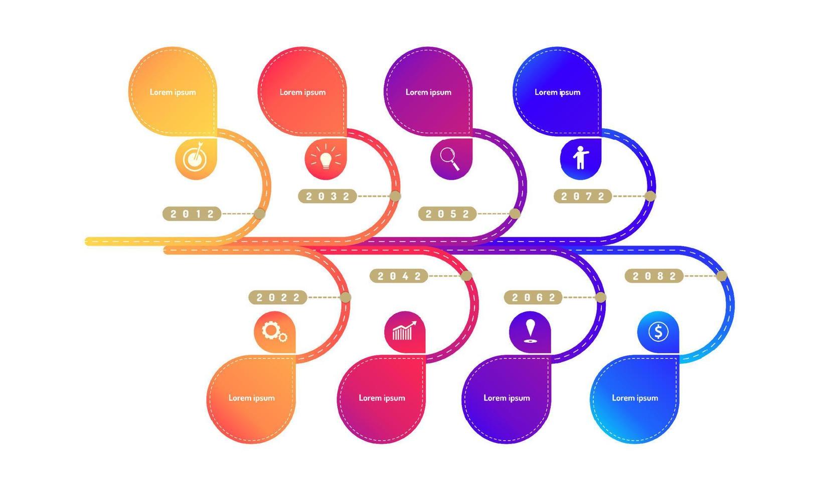 Baumblatt-Roadmap-Timeline-Elemente mit Markpoint-Diagramm denken Suchzahnrad-Zielsymbole. Vektorillustration eps10 vektor