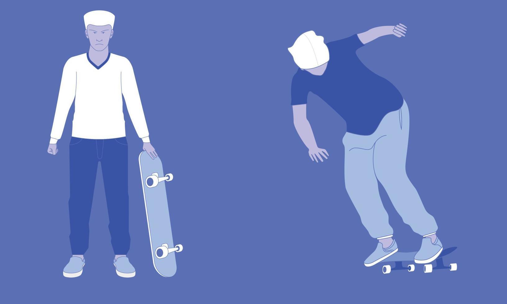 en man står som håller longboard och en skissar. vektor illustration eps10.