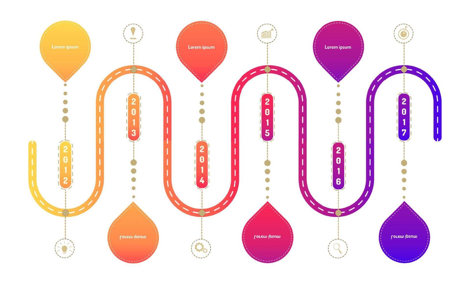 Ringseiten-Autobahn-Roadmap-Timeline-Elemente mit Markpoint-Diagramm denken Suchzahnrad-Zielsymbole. Vektorillustration eps10 vektor