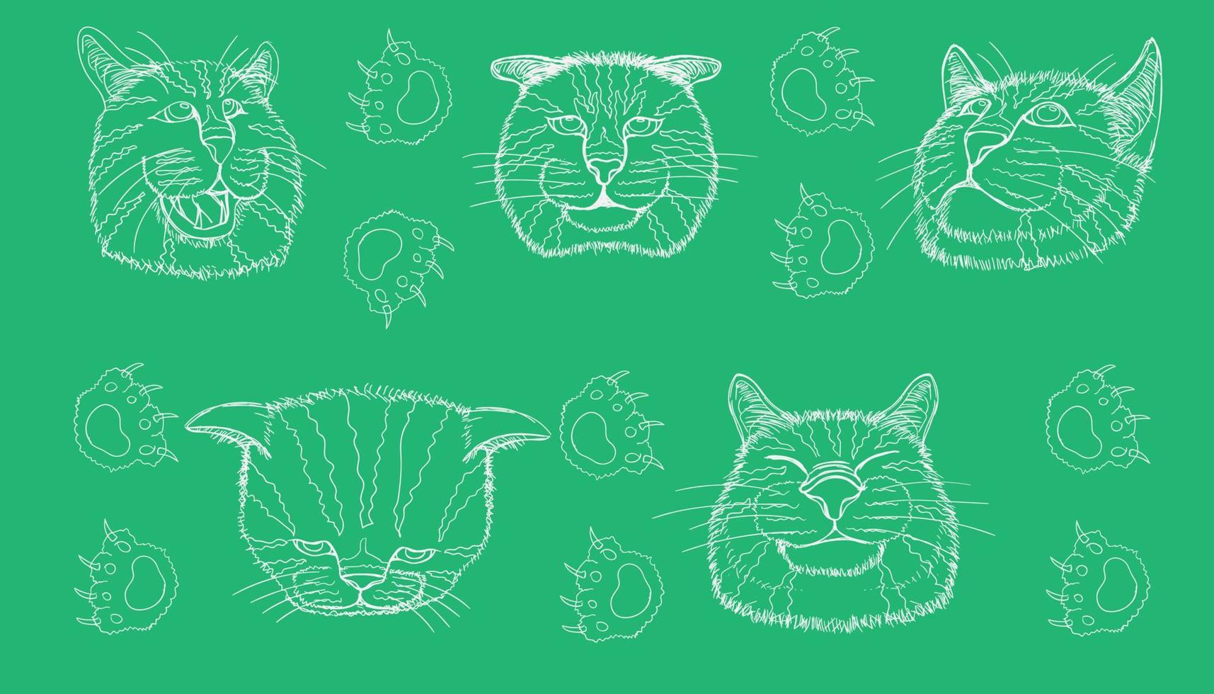 Linienskizze verschiedener Elemente Katzenkopf lustig und süß Emotion und Fußabdruck. Vektorillustration eps10 vektor
