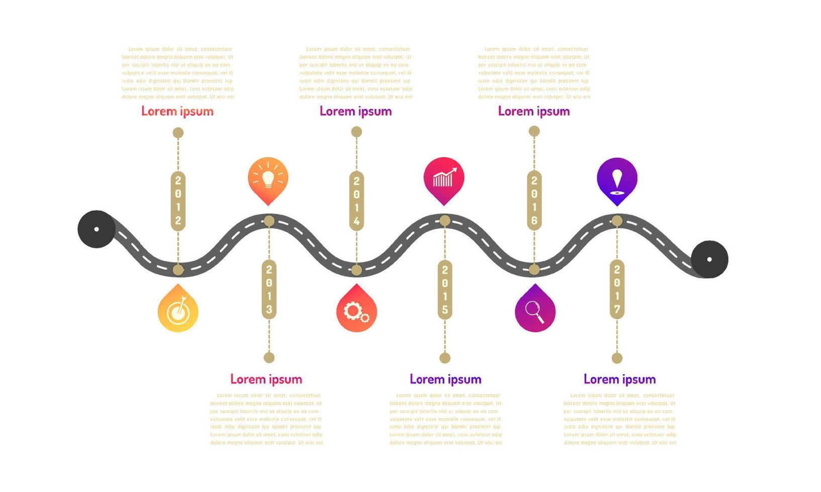 U-Bahn-Roadmap-Timeline-Elemente mit Markpoint-Diagramm denken an Suchzahnrad-Zielsymbole. Vektorillustration eps10 vektor