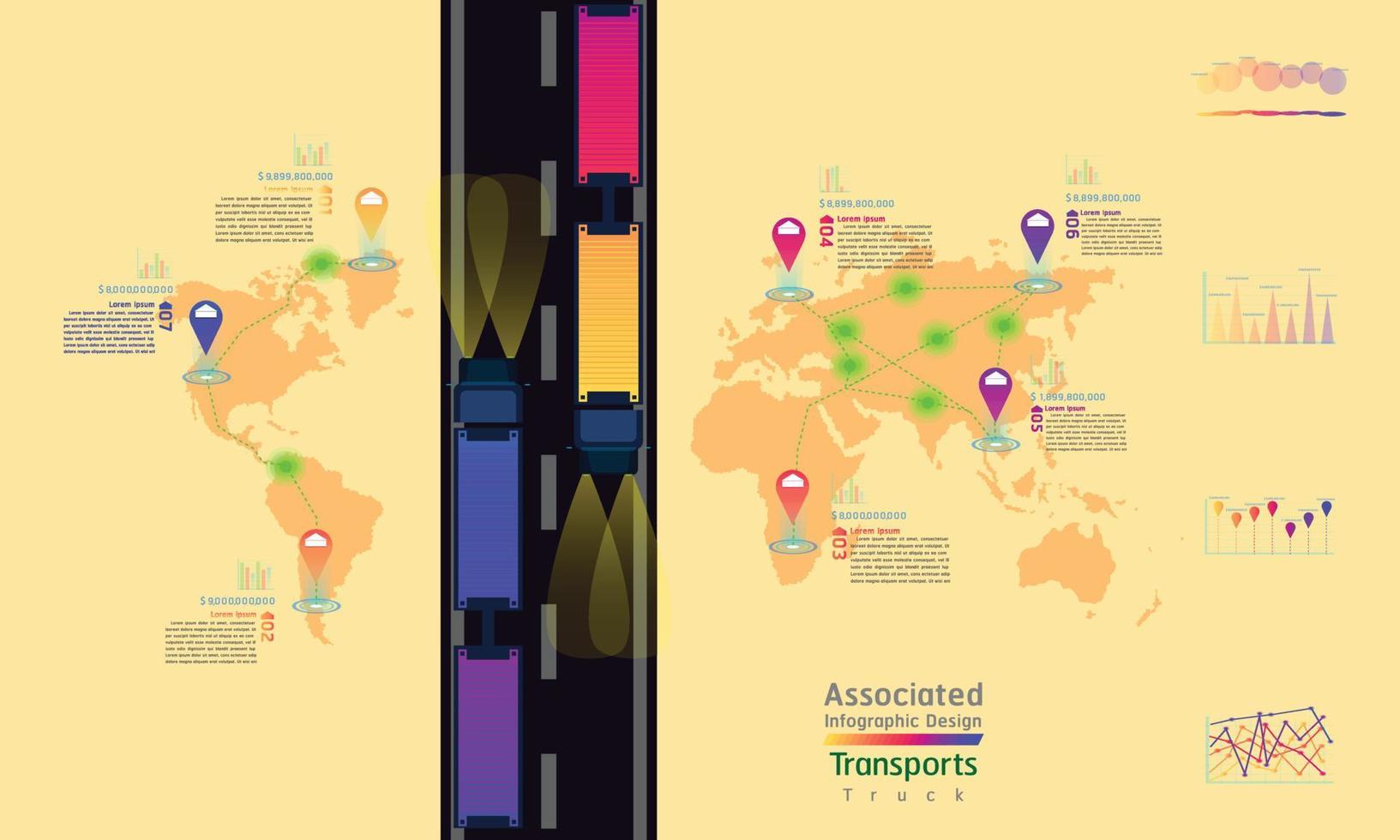 lastbil transporter associerat företag fabrik världskarta mark punkt infografisk design med sammanfattning graf diagram data äggton vektor illustration eps10