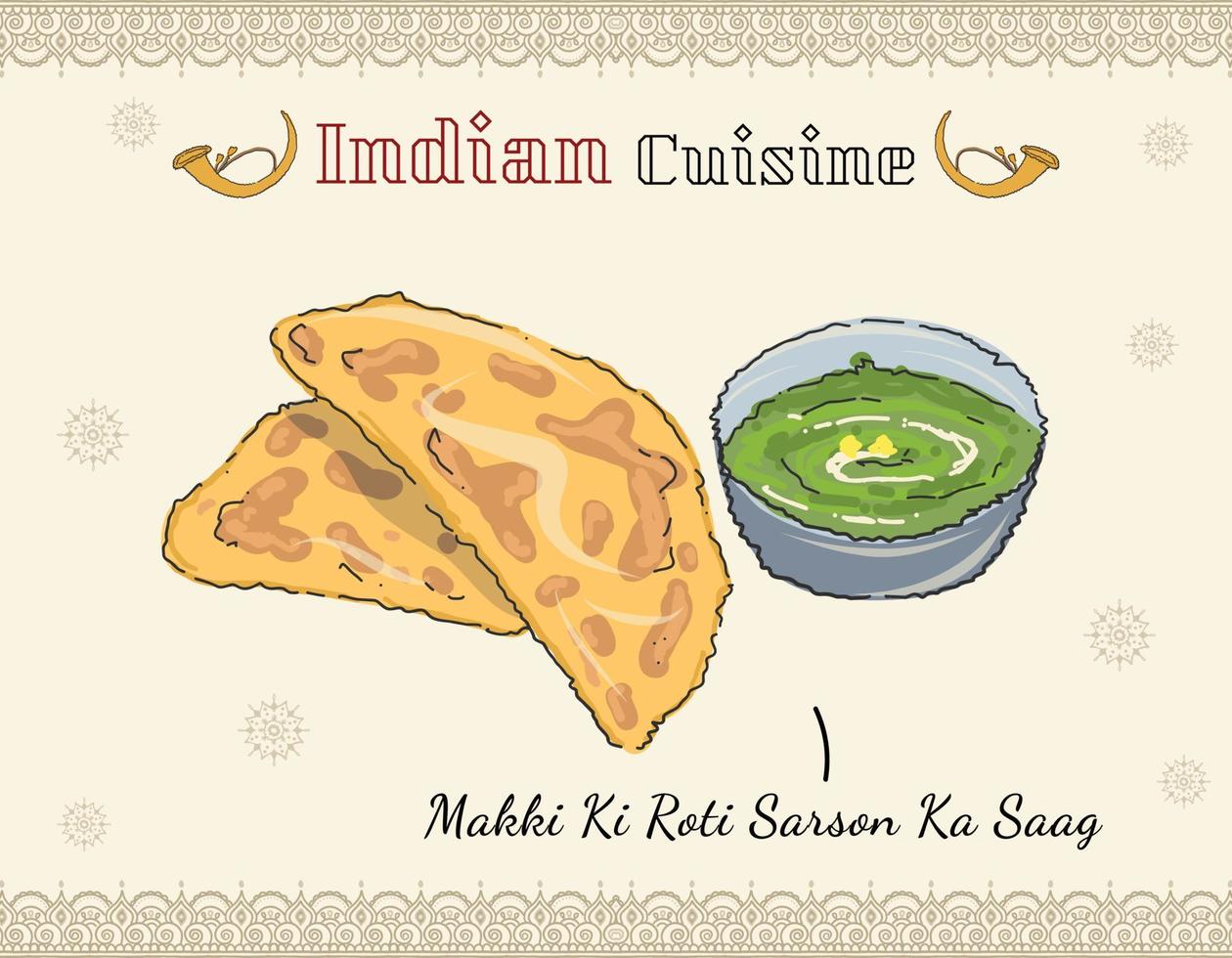 sarson ka saag. indischer punjabi-lebensmittelvektor farbige gekritzelte indische küche, gericht. traditionelles essen aus indien vektor