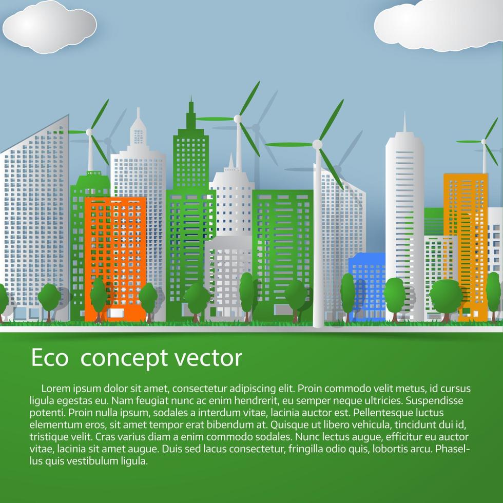begreppet eko med byggnad och natur. papperskonststil. vektor illustration