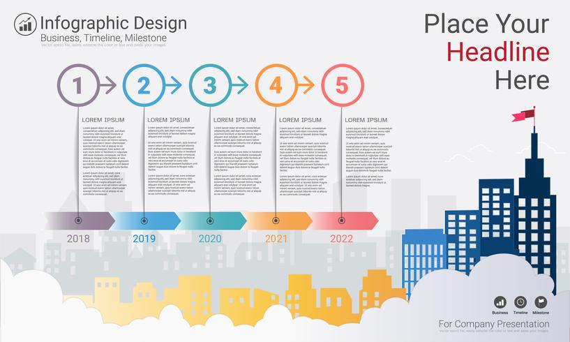 Business infographics mall, Milestone tidslinje eller vägkarta med Process flowchart 5 alternativ. vektor