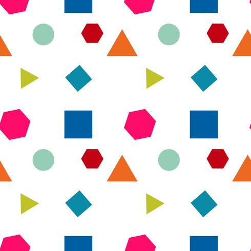 Seamless mönster med cirklar, kvadrat, triangel och hexagon av färska färger på en vit bakgrund. Vektor upprepande textur.