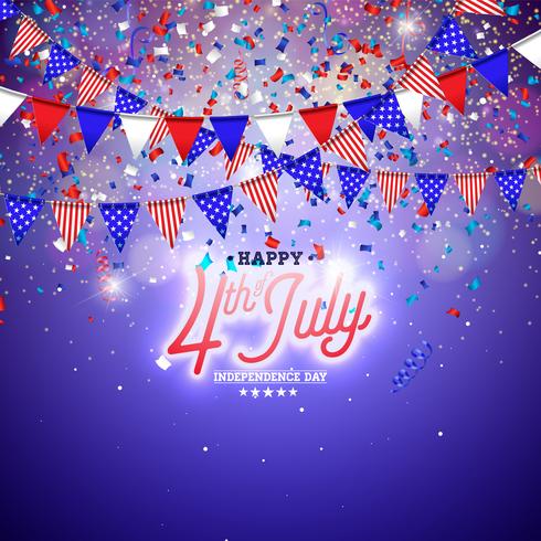 4. Juli Unabhängigkeitstag der USA-Vektor-Illustration. Unabhängigkeitstag-amerikanisches nationales Feier-Design mit Flagge und Sternen auf blauem und weißem Konfetti-Hintergrund vektor