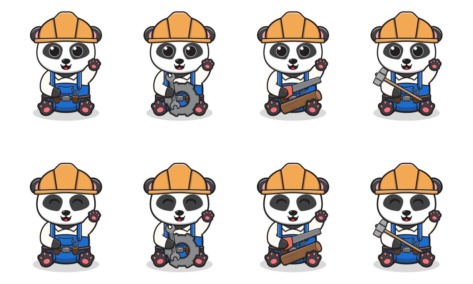 vektorillustration des niedlichen pandas mit heimwerkerkostümstandort und hand-up-pose. vektor