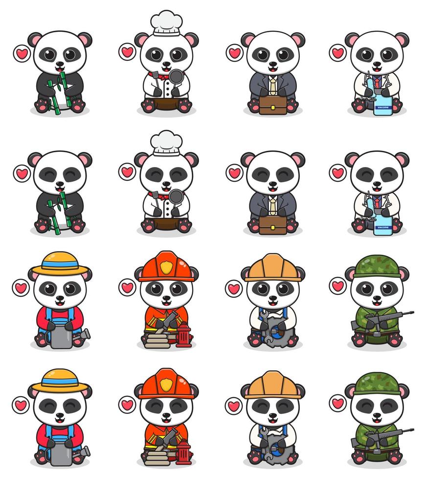 vektorillustration des niedlichen sitzenden panda-cartoons mit unterschiedlichem kostüm vektor