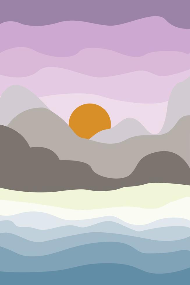 abstrakt landskap scen. minimalistisk ljus boho stil hav, strand och kullar för t-shirttryck, inbjudningskort, resebyråbanderoller, vykort. vektor illustration