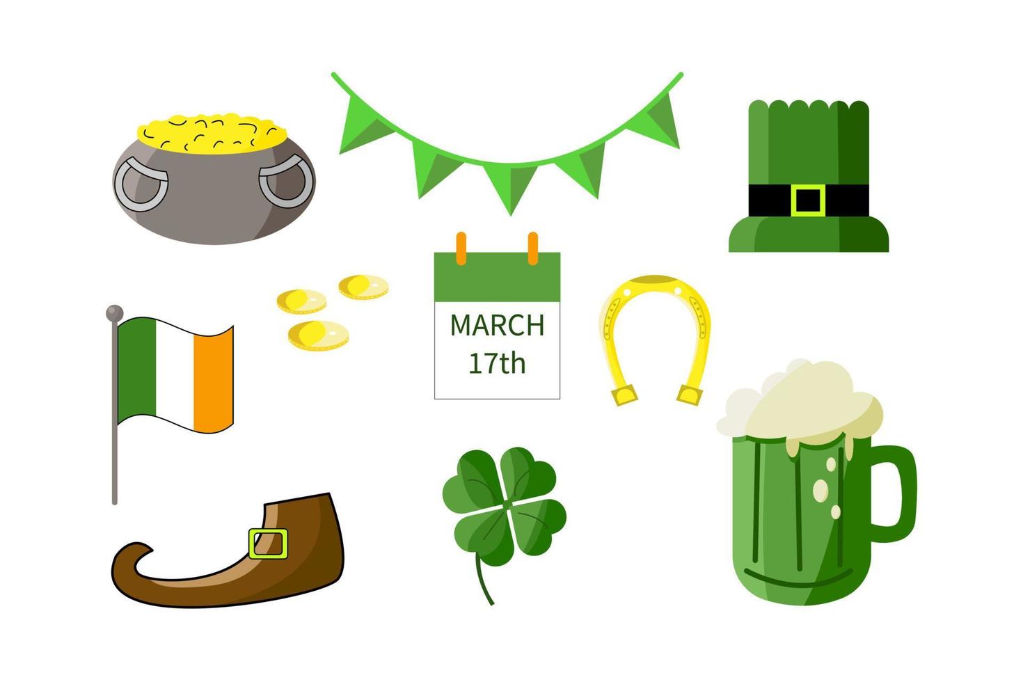 Saint Patricks Day Design-Element-Set. Feiertagssymbole Topf voll Gold, Patricks Hut, Irland-Flagge, Kalender 17. März, goldenes Hufeisen, Bierkrug, Kleeblatt, Schuh, Münzen, Flaggengirlande vektor