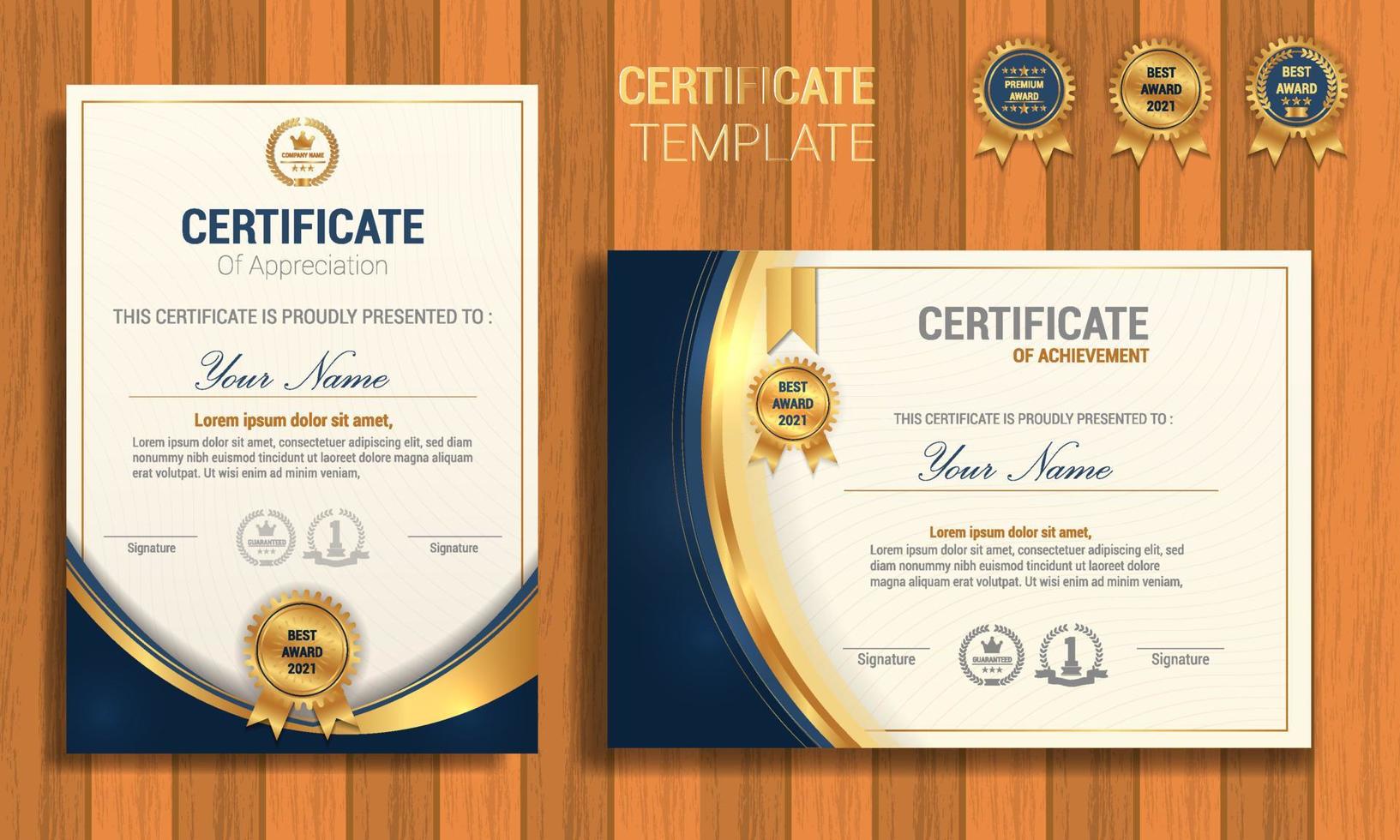 Anerkennungszertifikat Vorlage, Gold und Blau. sauberes modernes Zertifikat mit goldenem Abzeichen. Zertifikatsrahmenschablone mit luxuriösem und modernem Linienmuster. Diplom Vektor Vorlage