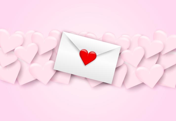 Lycklig Alla hjärtans dag bakgrund. kärleksbrev, vitt kuvert och rött hjärta på rosa bakgrund, papperskonst stil. Vektor. vektor