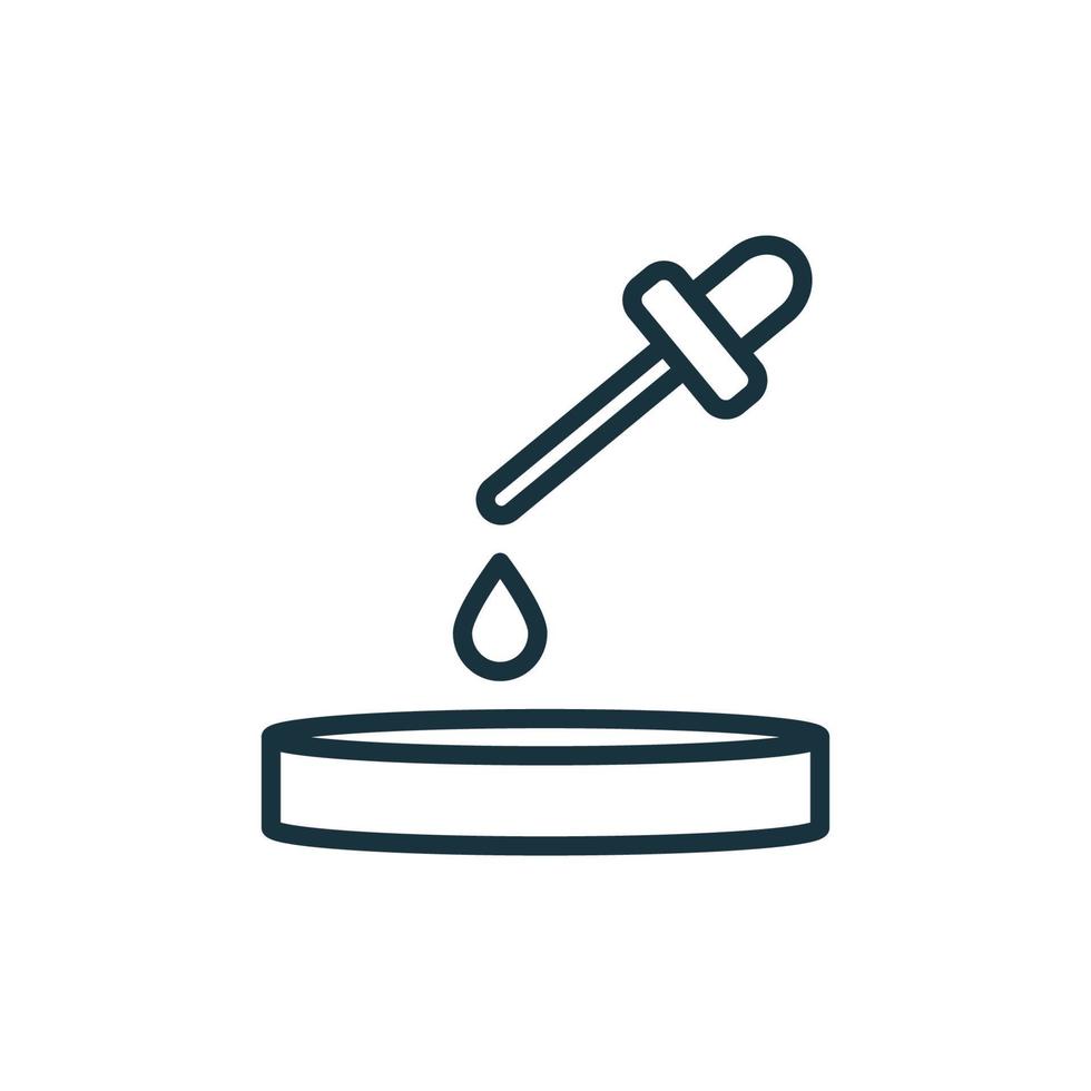 Petrischale mit Pipette und Drop-Line-Symbol. Laborgeräte für mikrobiologische Forschung lineares Piktogramm. Symbol für den Umriss von Laborwerkzeugen für die medizinische Analyse. isolierte Vektorillustration. vektor