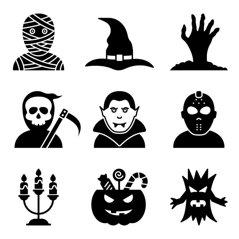 söt halloween siluett Ikonuppsättning. rolig kostym av dracula, mamma, häxa, grim reaper, vampyr för halloween party glyf piktogram. svart skrämmande halloween set ikon. isolerade vektor illustration.