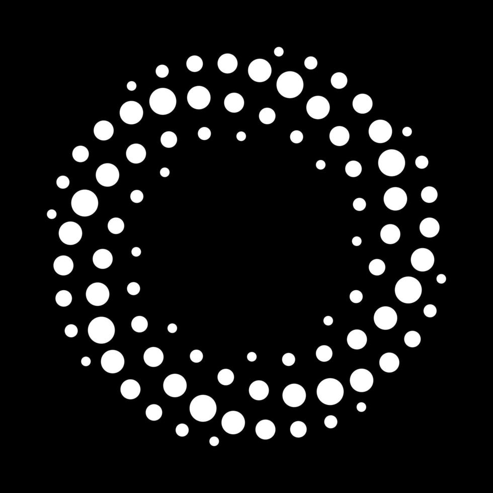 vit prickig spiral halvtonsmönster. prickar i cirkel på svart bakgrund. modern abstrakt spiral halvtonsbakgrund. runda virvel minimalistiska prickar i cirkelform. vektor illustration.
