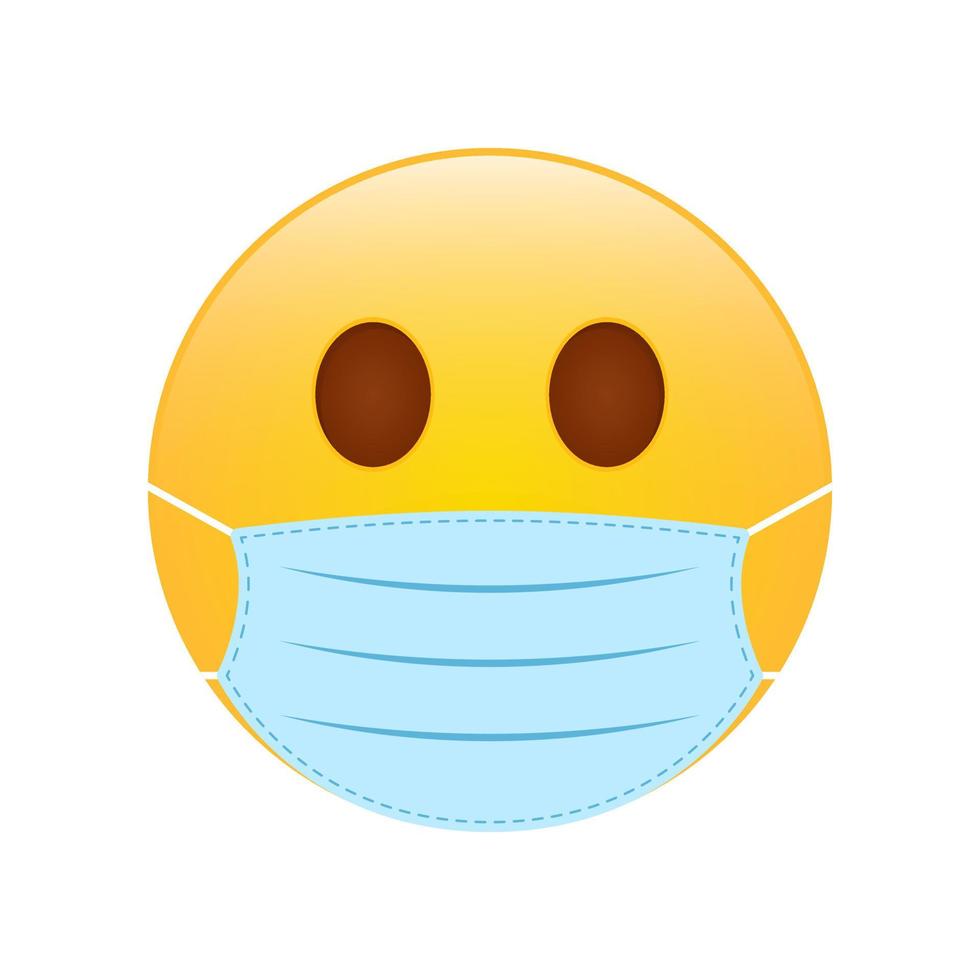 gul emoji i blå medicinsk ansiktsmask. skydd av coronavirus leende tecken. uttryckssymbol i kirurgisk ansiktsmask. emoji corona symbol. isolerade vektor illustration.