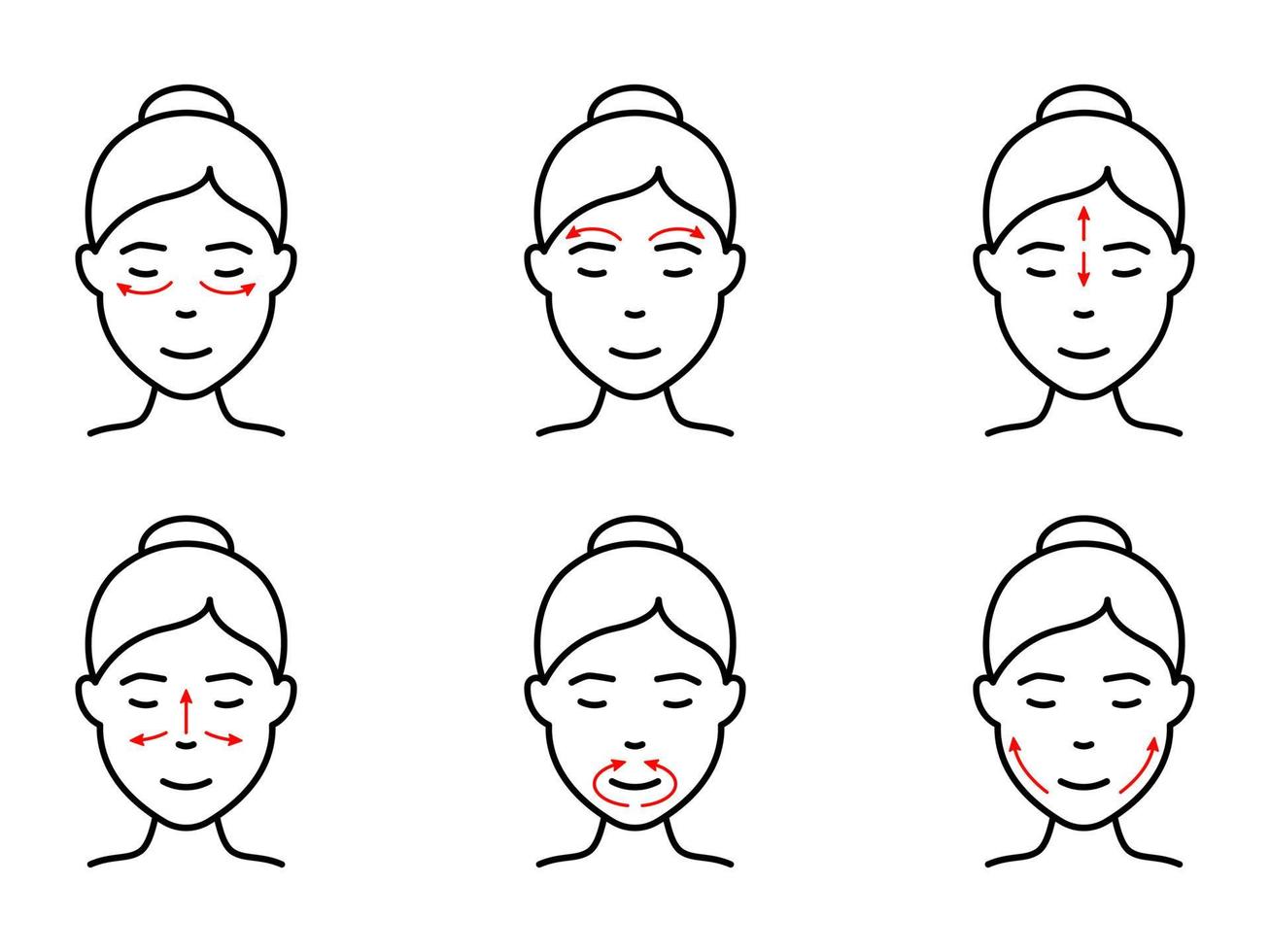 Technik der Gesichtsmassage Symbol Leitung. Anti-Aging-Selbstgesichtsmassage mit Pfeilpiktogramm. Schönheitsbehandlung für Mädchen, Umrisssymbol für Hautpflegeverfahren. isolierte Vektorillustration vektor