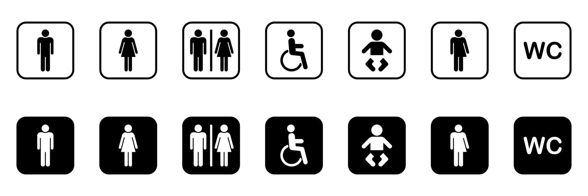 uppsättning toalett siluett ikon. samling av symboler toalett. mamma och bebis rum. tecken på tvättrum för män, kvinnor, transpersoner, funktionshindrade. wc-skylt på dörren för offentlig toalett. vektor illustration.