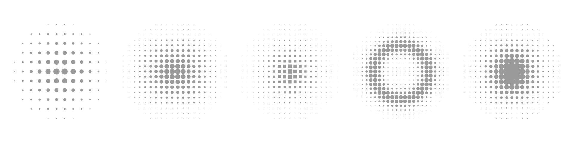 uppsättning halvtonsgradient cirklar bakgrunder. geometriska blekningsmönster. rund lutning svart och vit cirkel konsistens. raster runda retroprickar. isolerade vektor illustration.
