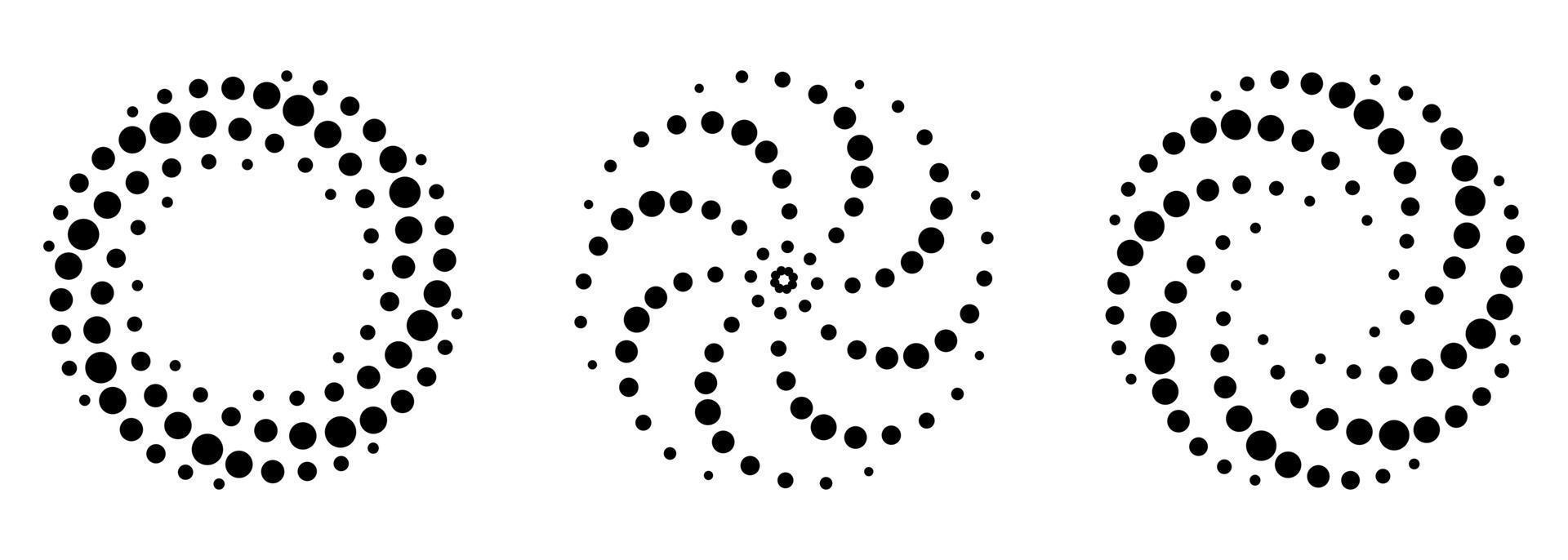 spiral halvtonsmönster set. svarta prickar i cirkel på vit bakgrund. rund virvel minimalistisk mall. snurra abstrakt modern design. vektor illustration.
