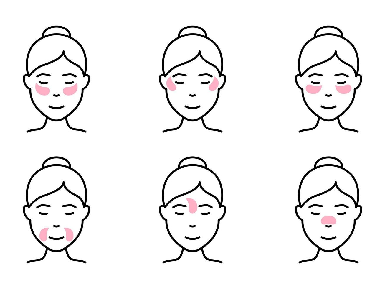 Mädchen mit unterschiedlicher Methode zur Verwendung von Gel-Patch-Liniensymbol. Flecken unter dem Auge, zwischen den Brauen, für Mund- und Nasenpiktogramm. Gesicht Anti-Aging-Verfahren Symbol. isolierte Vektorillustration. vektor