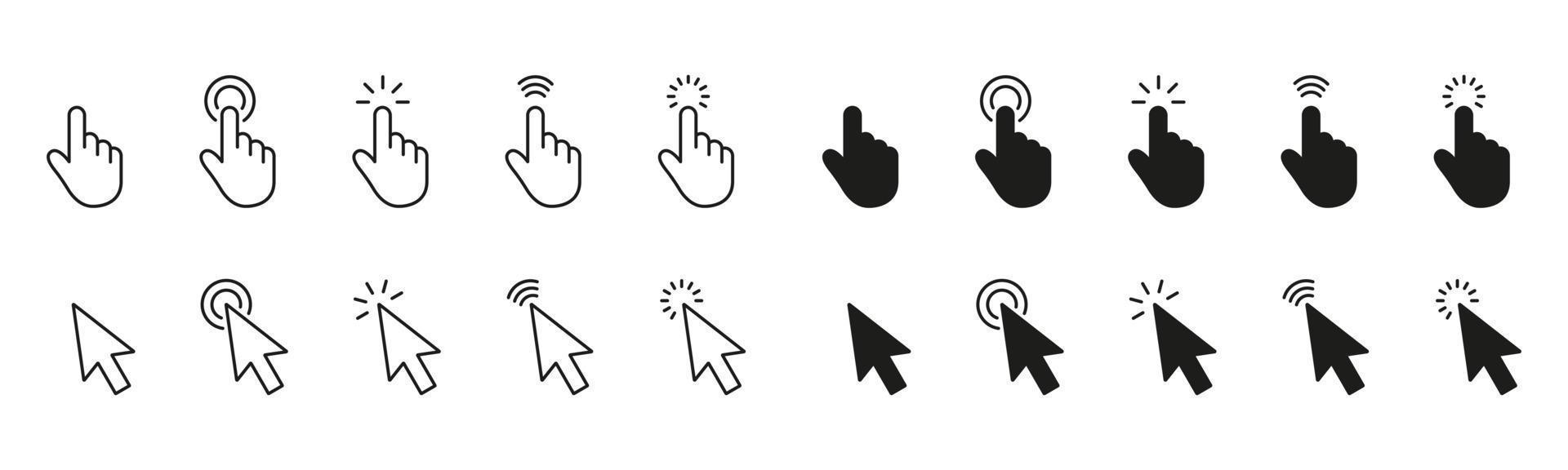 Computer-Mausklick-Cursor-Set. Hand- und Pfeilzeigerpiktogramm auf weißem Hintergrund. schwarzer Finger-Web-Klickzeiger und Pfeillinie und Silhouettensymbol. isolierte Vektorillustration. vektor