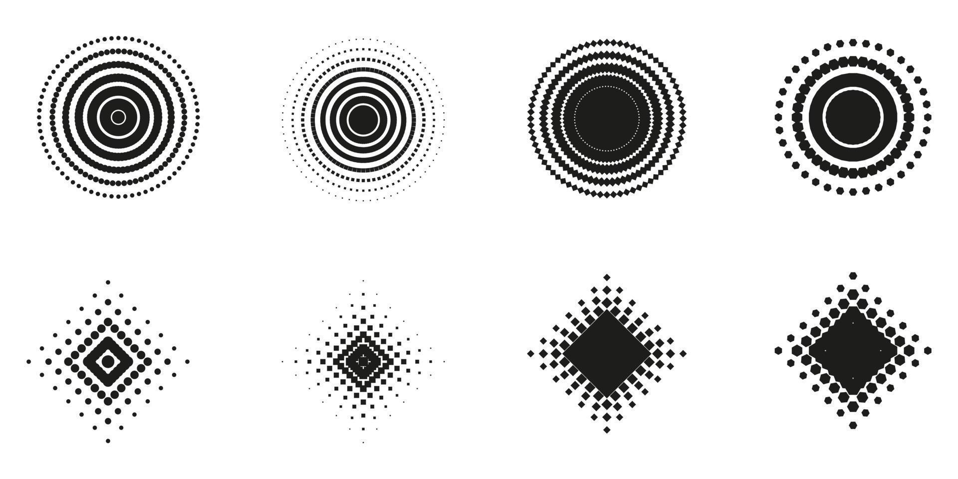 gepunkteter Kreis, Rauten-Schwarz-Weiß-Muster. satz geometrischer form von kreis, raute, quadrat, sechseck im modernen stil. abstraktes geometrisches elementdesign. isolierte Vektorillustration. vektor