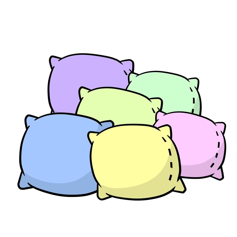 Satz Kissen. großes und kleines Objekt. flache illustration der karikatur. weiche farbige Kissen in Blau, Grün und Pink. element von schlafzimmer und bett zum schlafen vektor