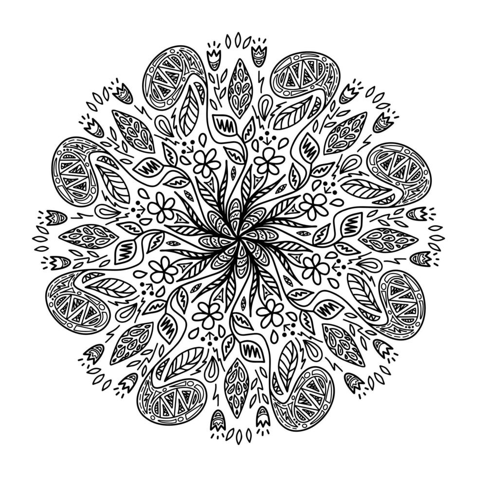 blommig vektor mandala med blommor och blad i doodle stil isolerad på vit bakgrund. rolig färg och söt illustration för säsongsdesign, textil, dekoration för barnens lekrum eller gratulationskort