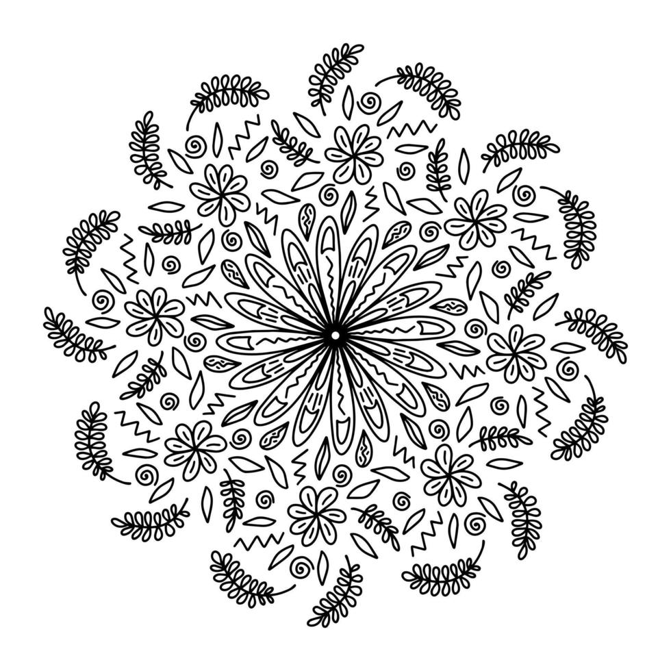 blommig vektor mandala med blommor och blad i doodle stil isolerad på vit bakgrund. rolig färg och söt illustration för säsongsdesign, textil, dekoration för barnens lekrum eller gratulationskort