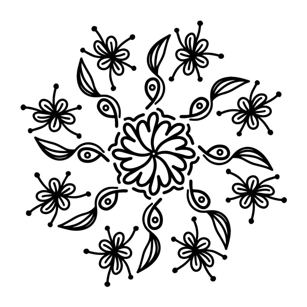 blommig vektor mandala med blommor och blad i doodle stil isolerad på vit bakgrund. söt blomma färgläggning illustration för säsongsbetonad design, textil, dekoration barn lekrum eller gratulationskort.