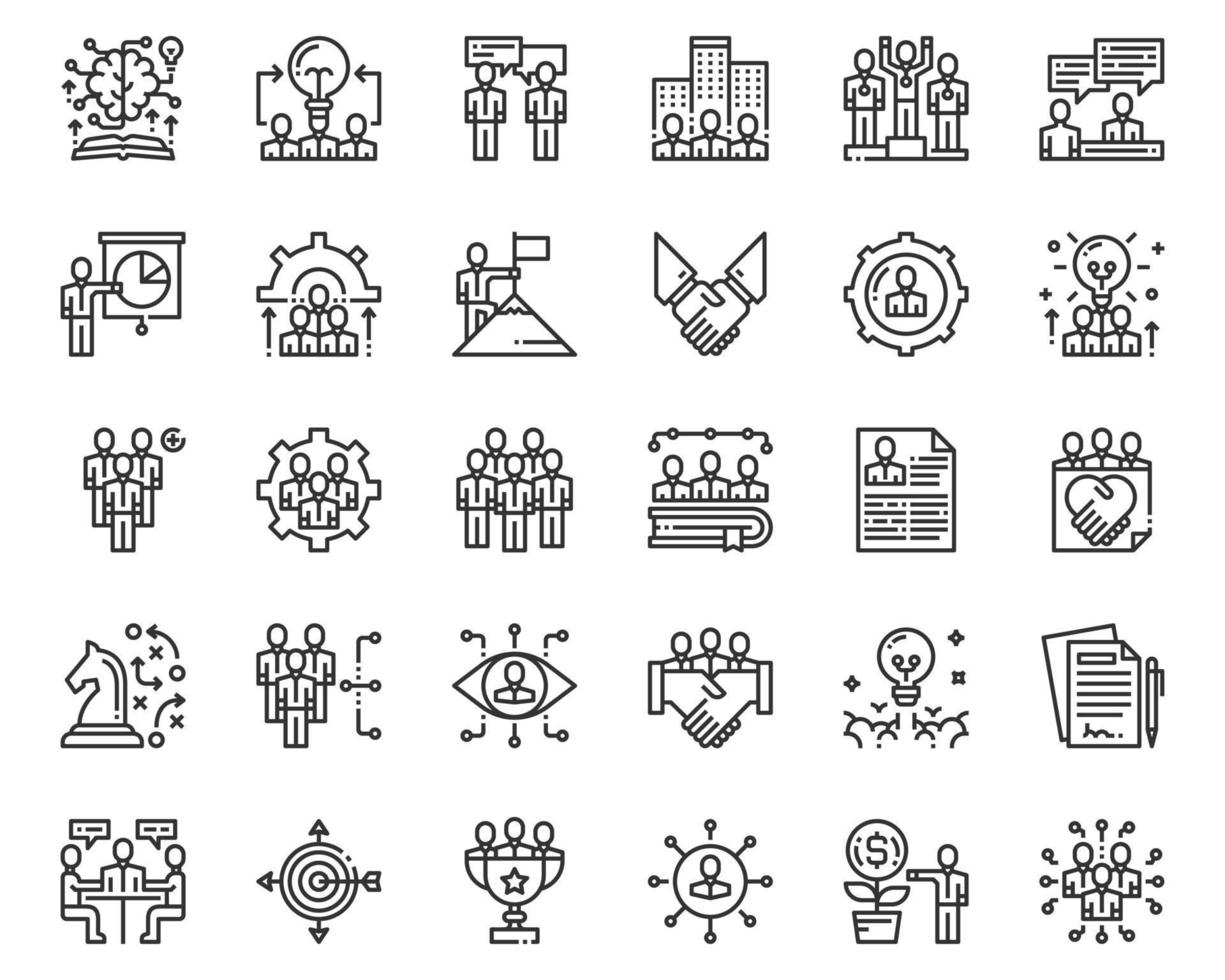 enkel uppsättning lagarbete linje ikoner vektor illustration, människor grupp, handslag, ledning, möte
