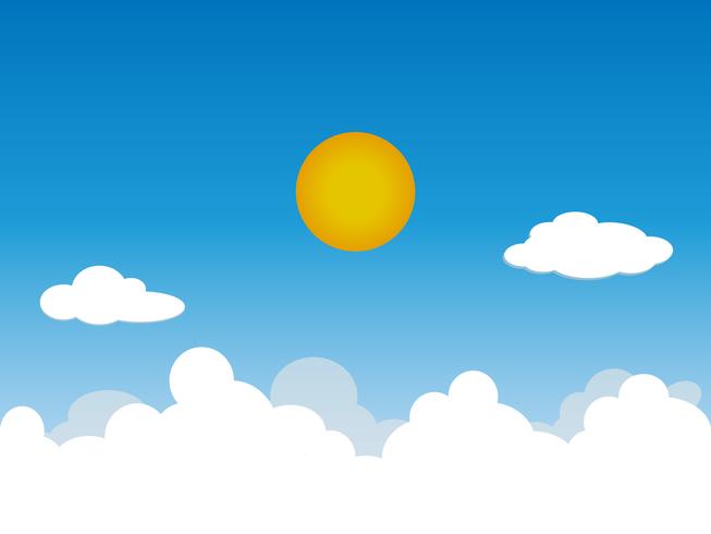 Sonniger Hintergrund, blauer Himmel mit weißen Wolken und Sonne, Vektorillustration. vektor