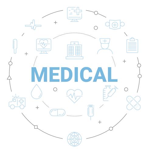 Moderne Ikonen medizinisch und globale Kommunikation des Gesundheitswesens comcept. Dünne Linienführung. vektor