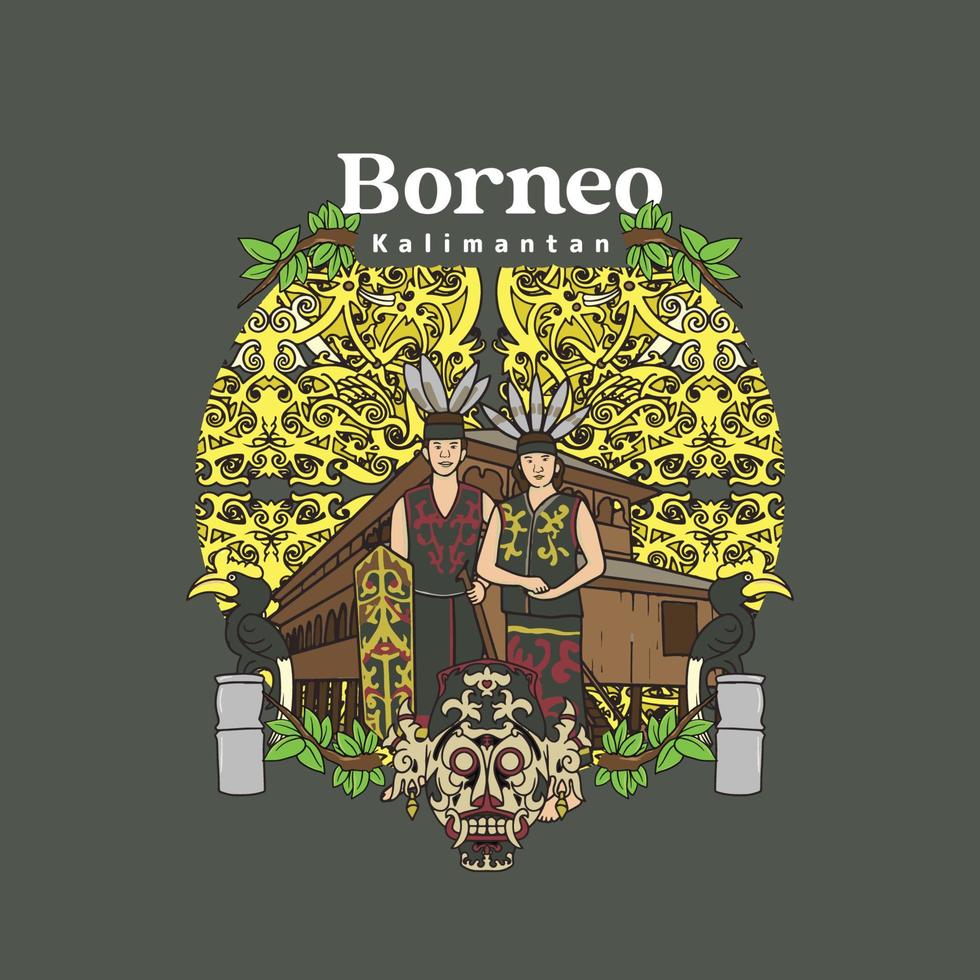 set borneo kalimantan illustration. handritad indonesiska kulturer bakgrund vektor