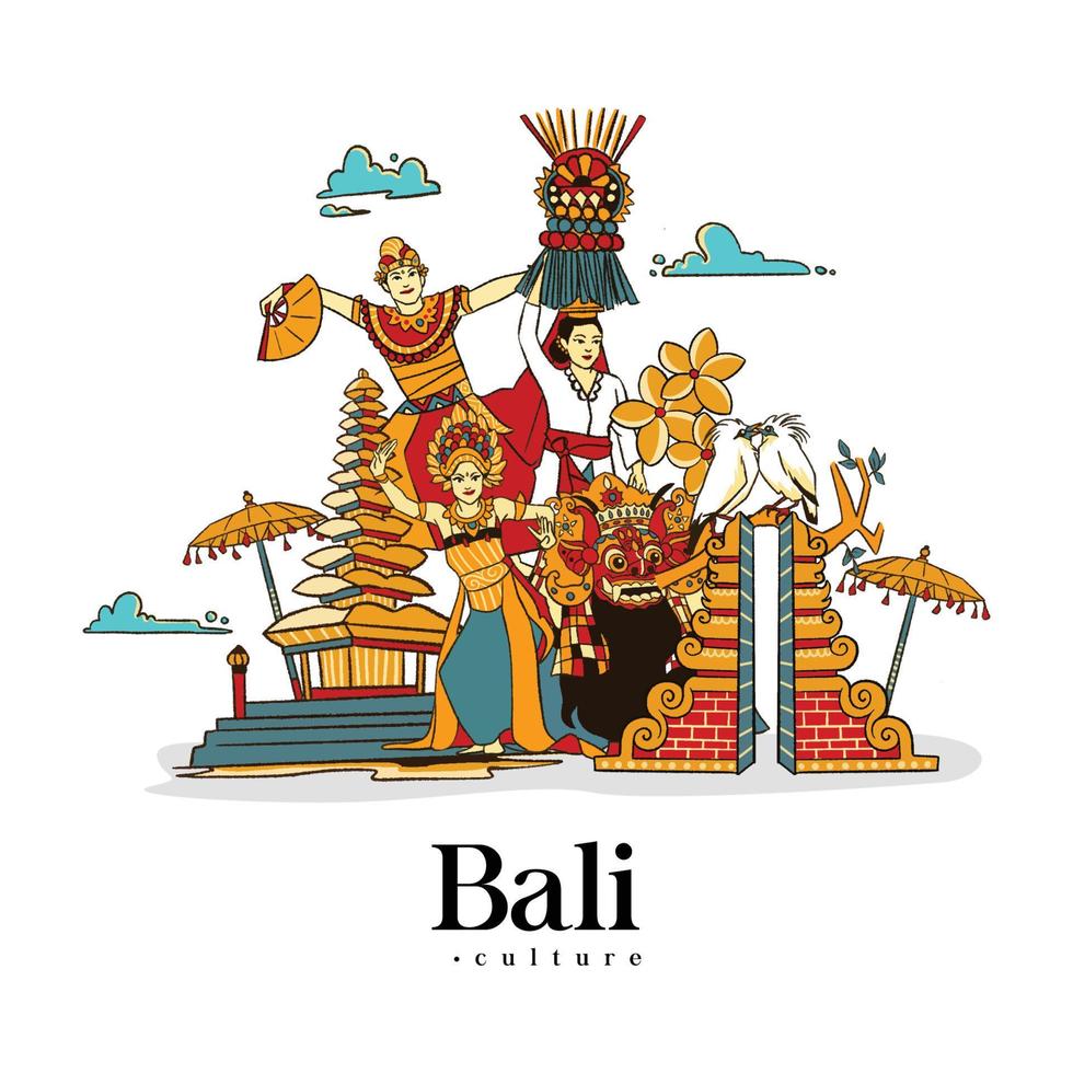 ställa in balinesisk illustration. handritad indonesiska kulturer bakgrund vektor