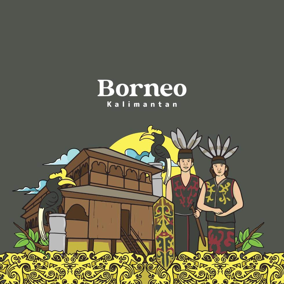 set borneo kalimantan illustration. hand gezeichneter hintergrund der indonesischen kulturen vektor