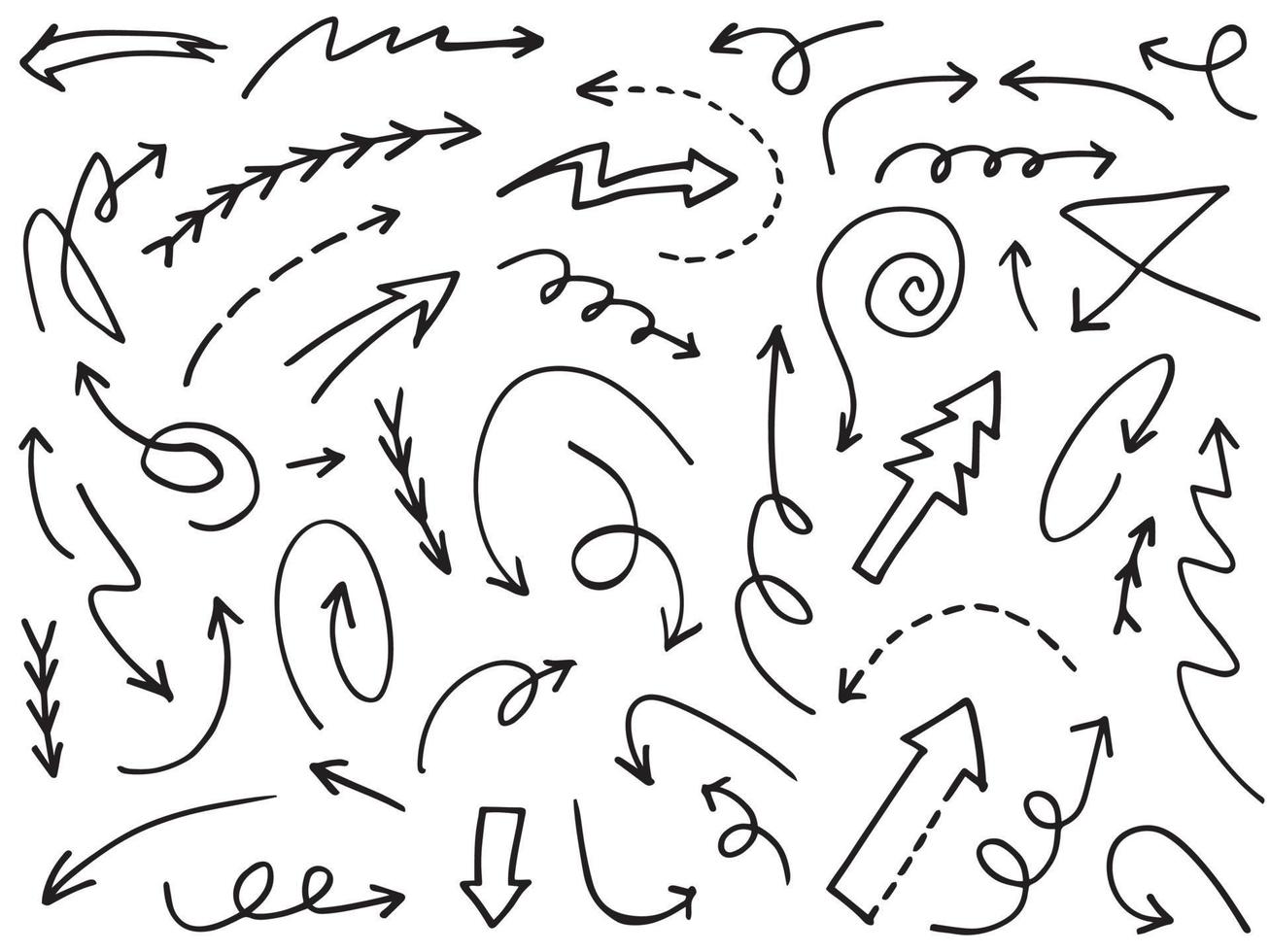 hand gezeichnete pfeilikonen eingestellt. Pfeilsymbol mit verschiedenen Richtungen. Doodle-Vektor-Illustration. getrennt auf einem weißen Hintergrund. vektor