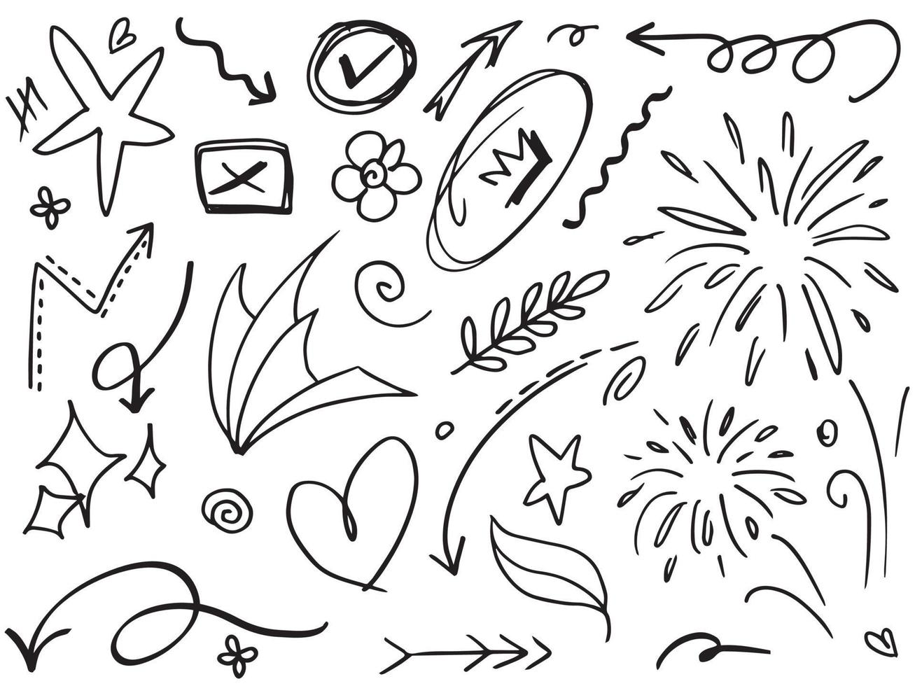 abstrakta pilar, band, kronor, hjärtan, explosioner och andra element i handritad stil för konceptdesign. doodle illustration. vektor mall för dekoration