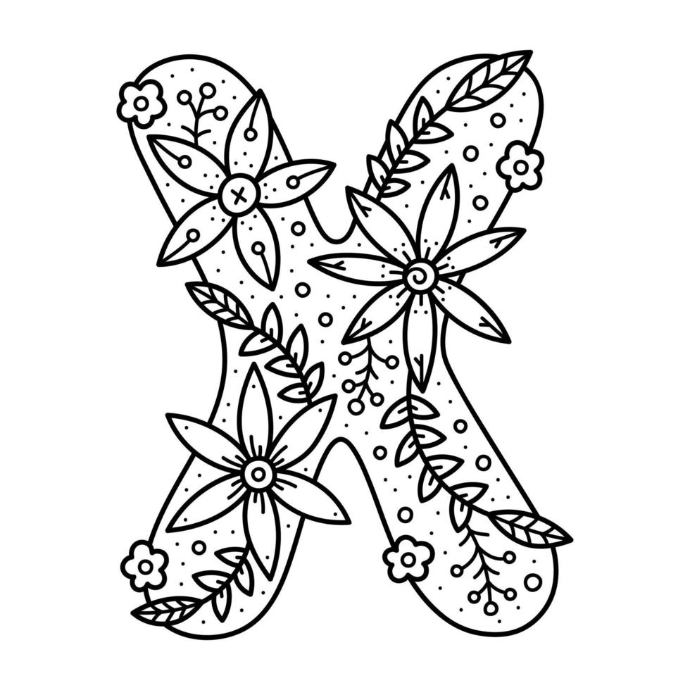 blommigt alfabet. färglös doodle bokstaven x. målarbok för vuxna och barn. vektor
