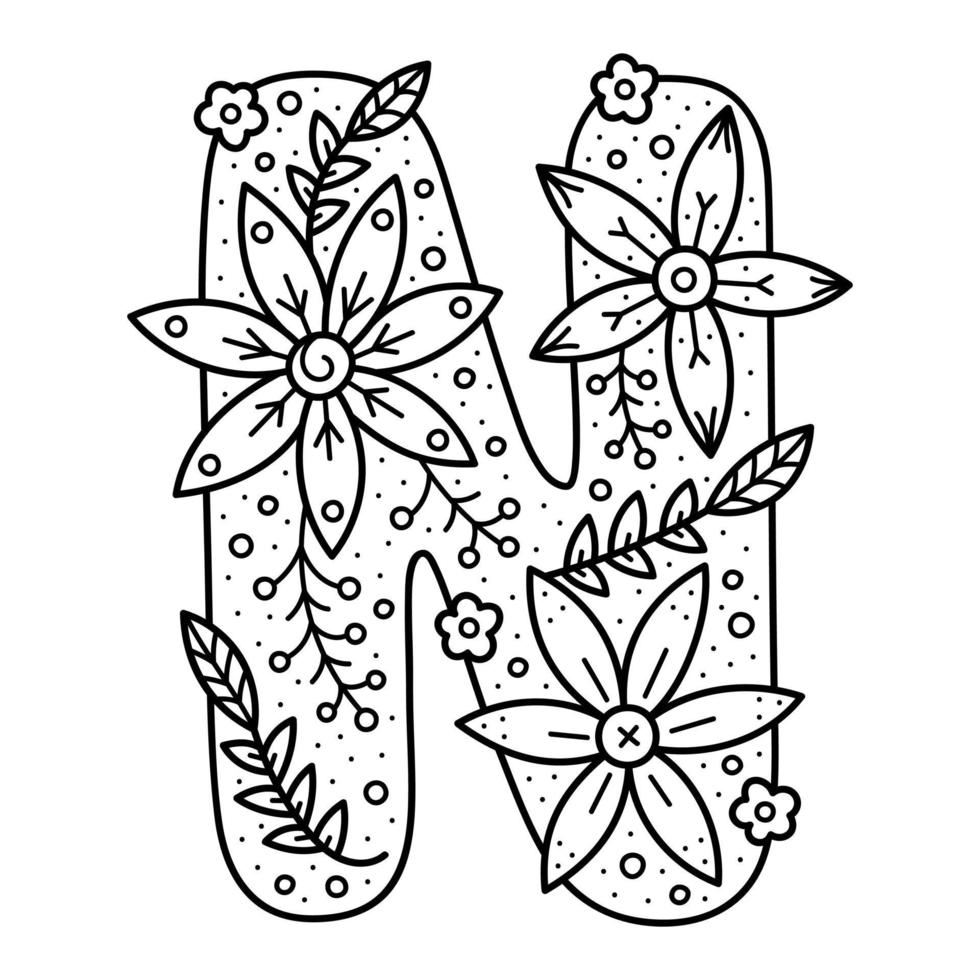 blommigt alfabet. färglös doodle bokstav n. målarbok för vuxna och barn. vektor