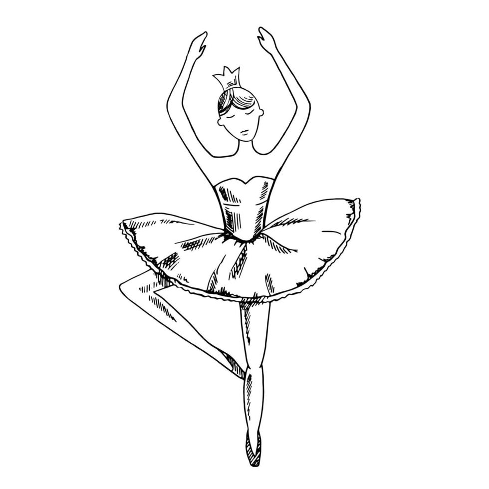 eine handgezeichnete Tintenskizze einer Ballerina. Umriss auf weißem Hintergrund, Vintage-Vektorillustration. vintage skizzenelement für etiketten, verpackungen und kartendesign. vektor