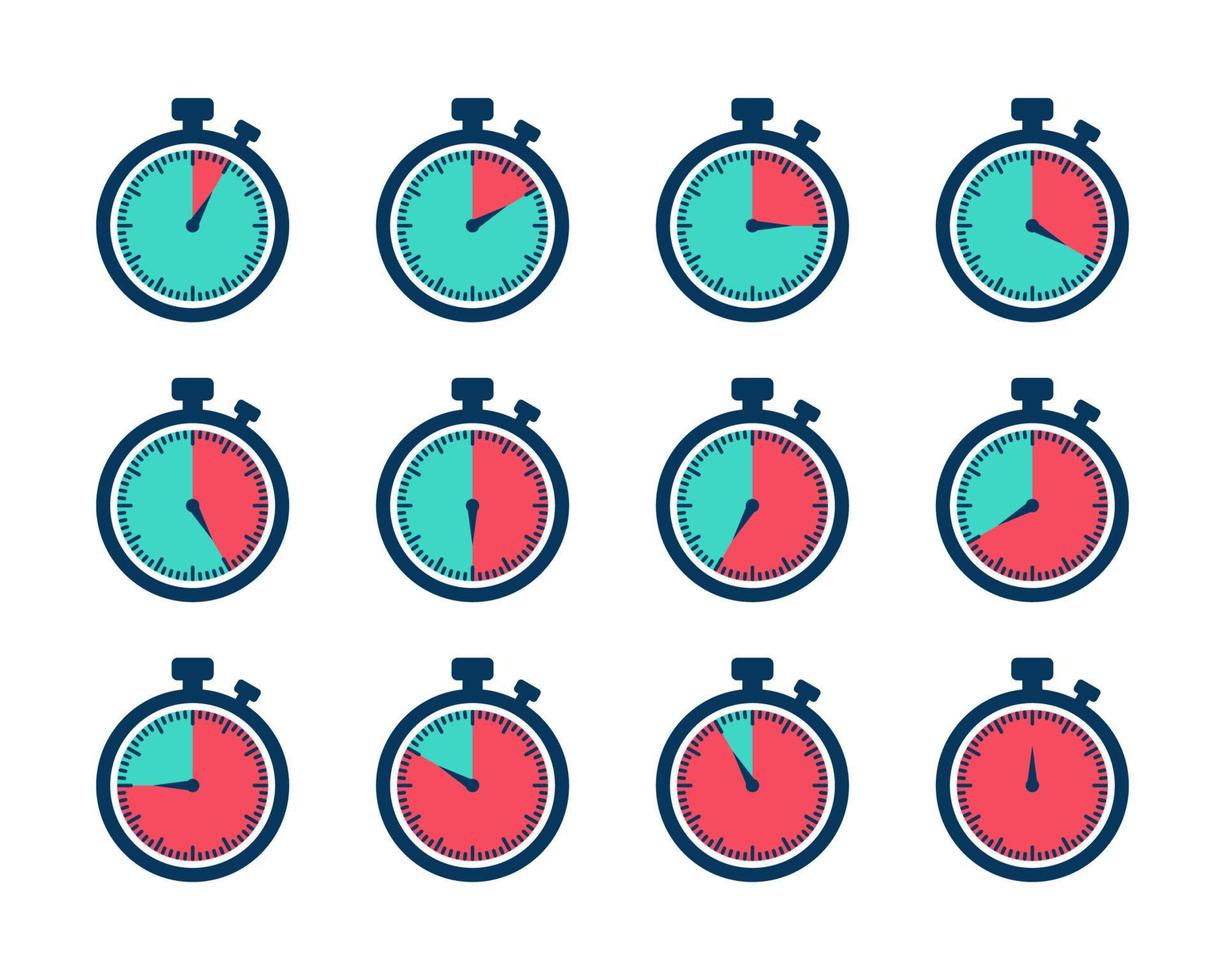 Stoppuhr mit unterschiedlicher Zeit. Countdown in Sekunden. vektor