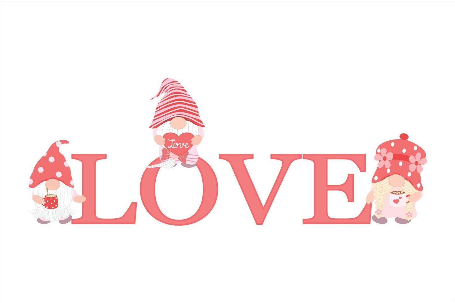 Vektor - Wortliebe mit dem netten Gnom, der Kaffeetasse und Herzkissen auf rosa Thema hält. Valentinsgrüße.