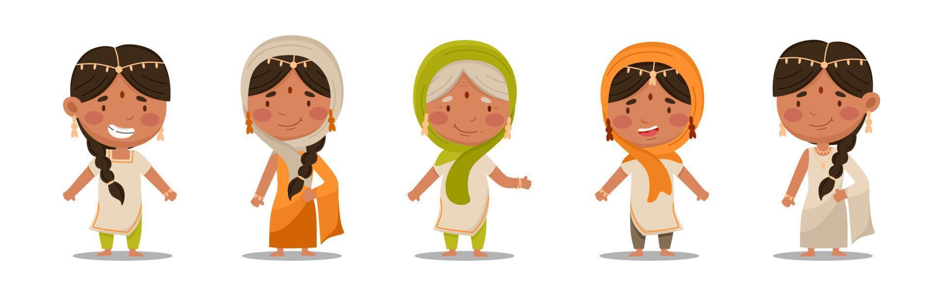 indiska kvinnor är en söt och rolig uppsättning. vektor illustration i en platt tecknad stil