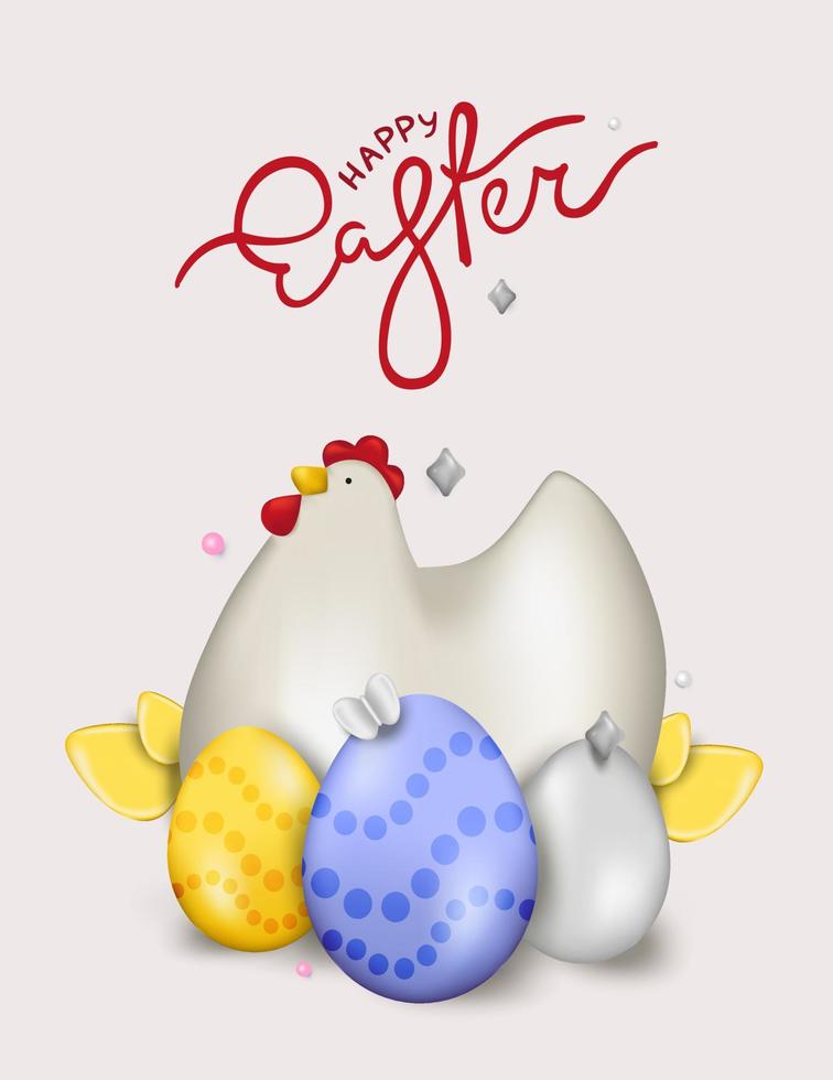 påsk realistisk illustration med ägg och kyckling. en festlig stilig affisch, en webbbanner, ett moderiktigt vykort. vektor illustration