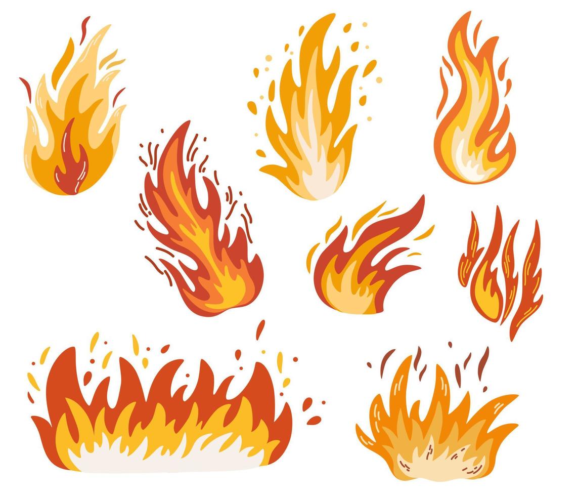 Feuer. feurige Flamme, heller Feuerball, thermisches Waldfeuer und ein glühendes Lagerfeuer. Flammen in verschiedenen Formen. Vektor-Feuer-Flamme-Icons im Cartoon-Stil. vektor